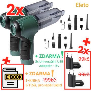 2x Přenosný mini vysavač 3v1 Pro+ (i foukání ven) + E-kniha ZDARMA + 2x USB Adaptér ZDARMA